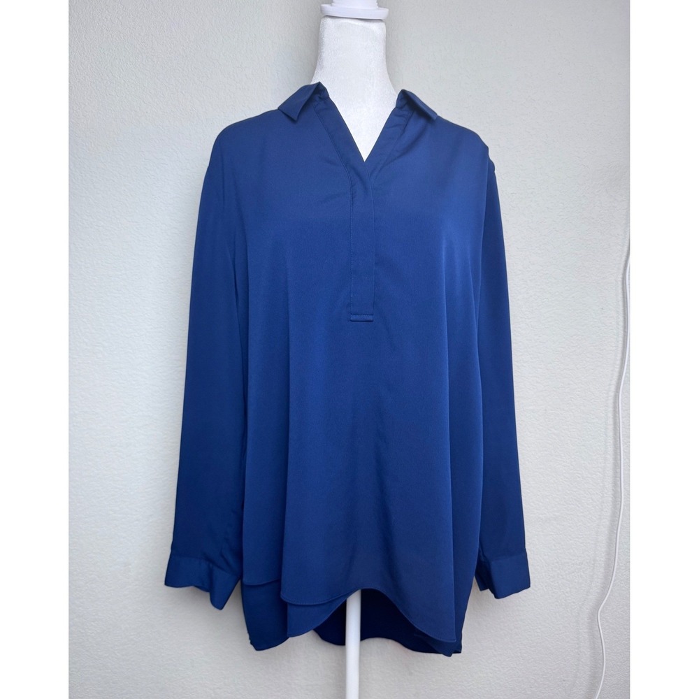 Chicos Royal Blue High Low Tunic Blouse Split Neck Long Sleeve Size 2 L Large